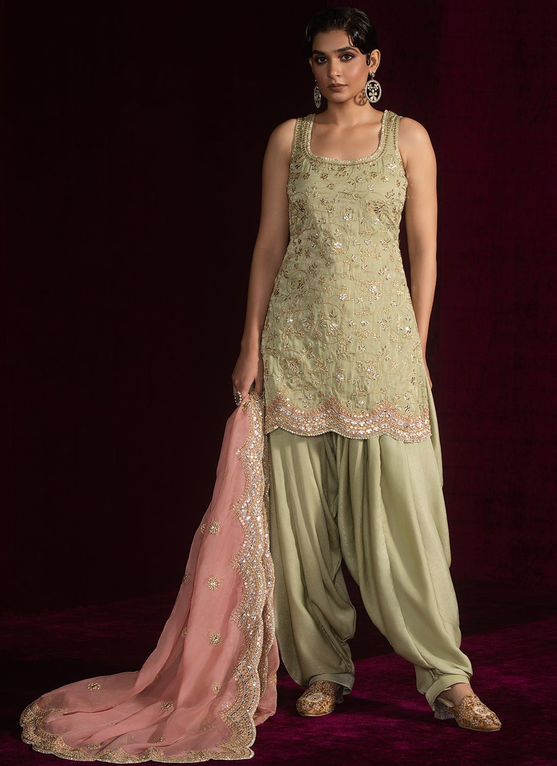 Light Green and Pink Embroidered Punjabi Suit - Lashkaraa