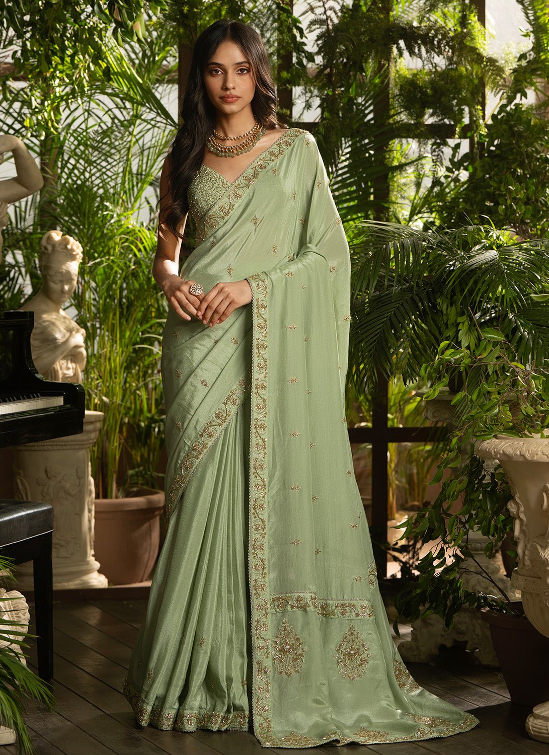 Light Green Embroidered Crepe Saree - Lashkaraa
