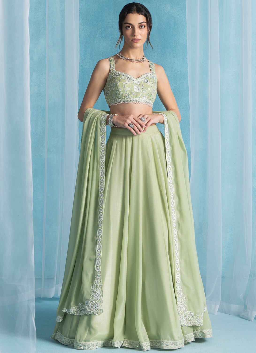 Light Green Embroidered Georgette Lehenga - Lashkaraa