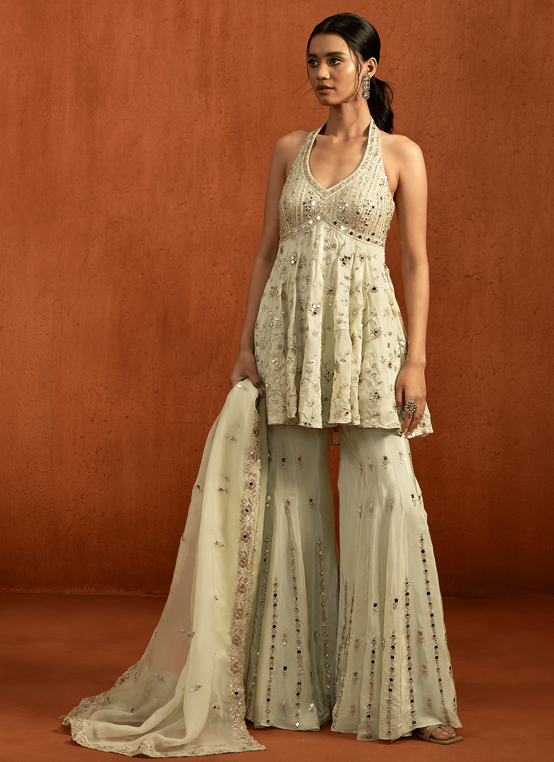 Light Green Embroidered Peplum Style Gharara Suit - Lashkaraa