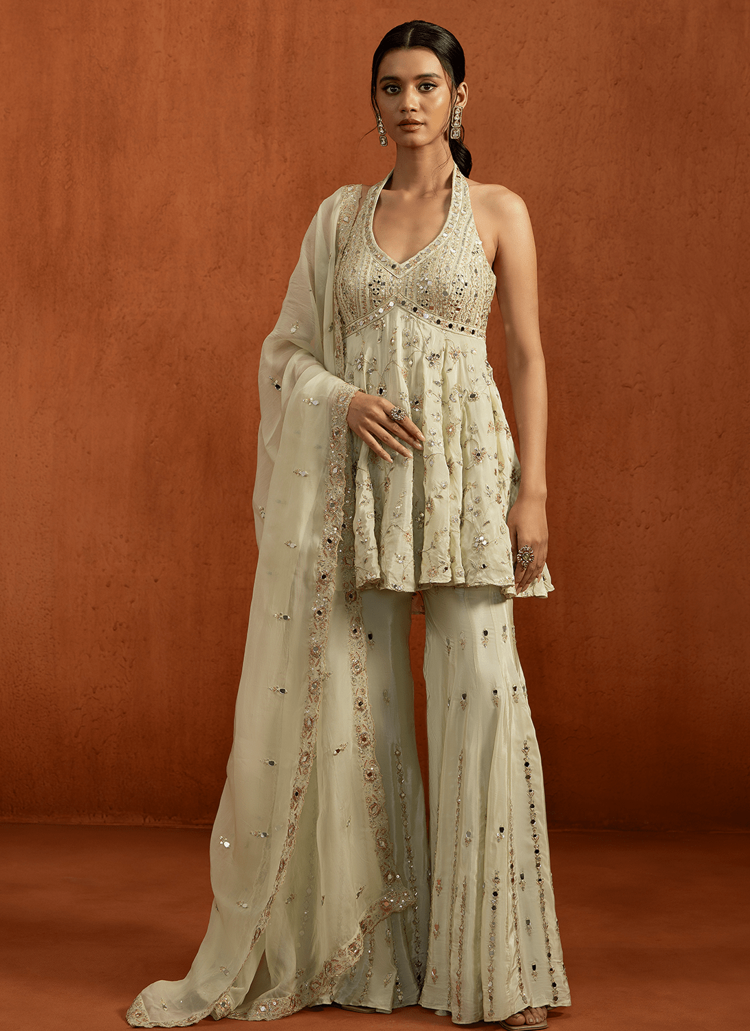 Light Green Embroidered Peplum Style Gharara Suit