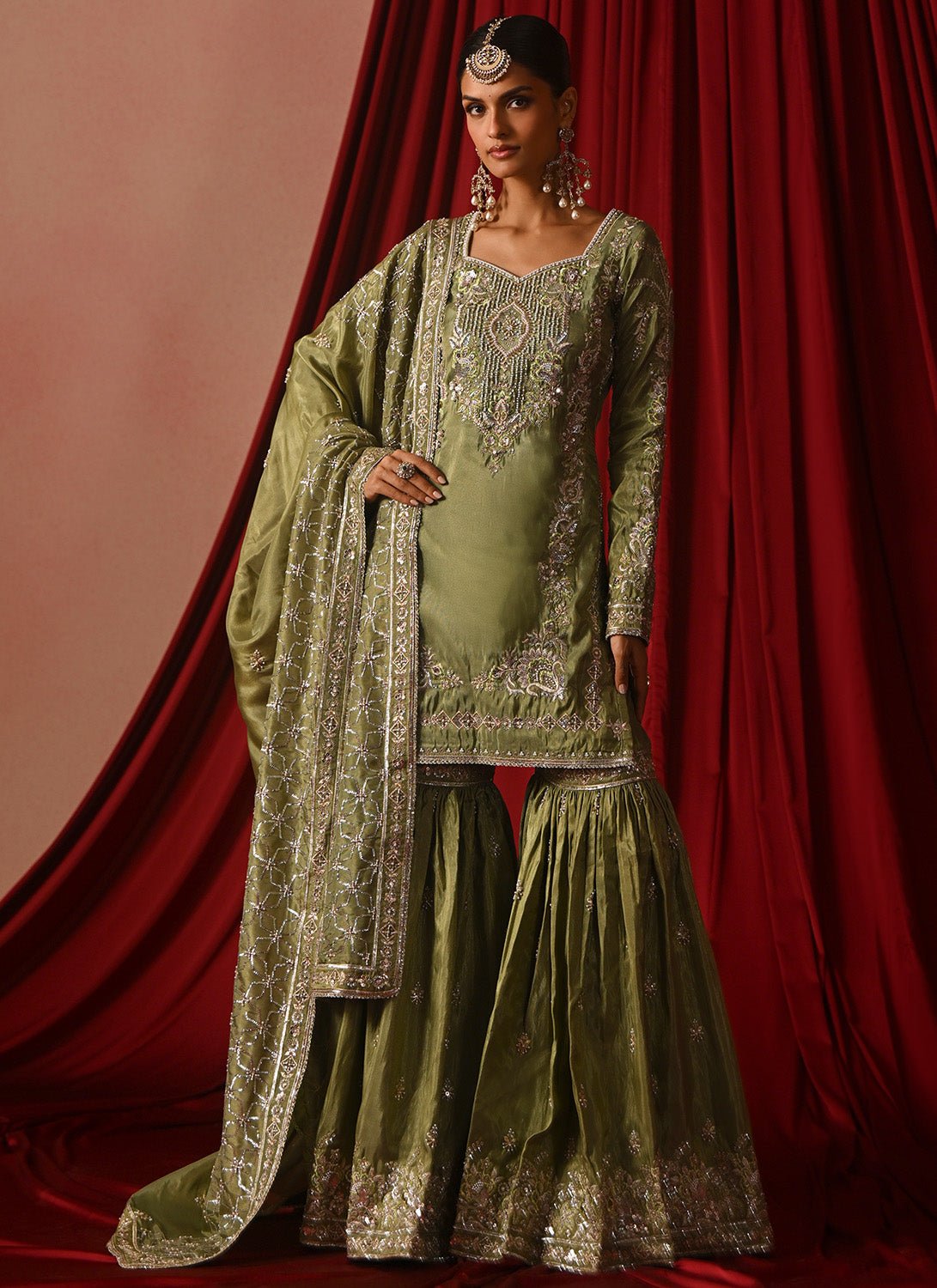 Light Green Embroidered Silk Gharara Suit - Lashkaraa