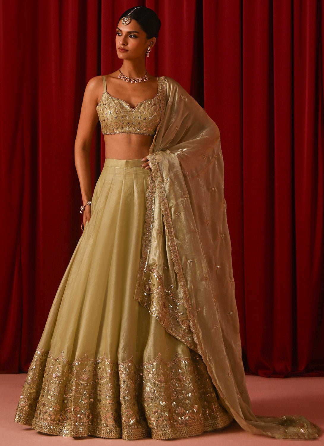 Light Green Embroidered Tissue Lehenga - Lashkaraa