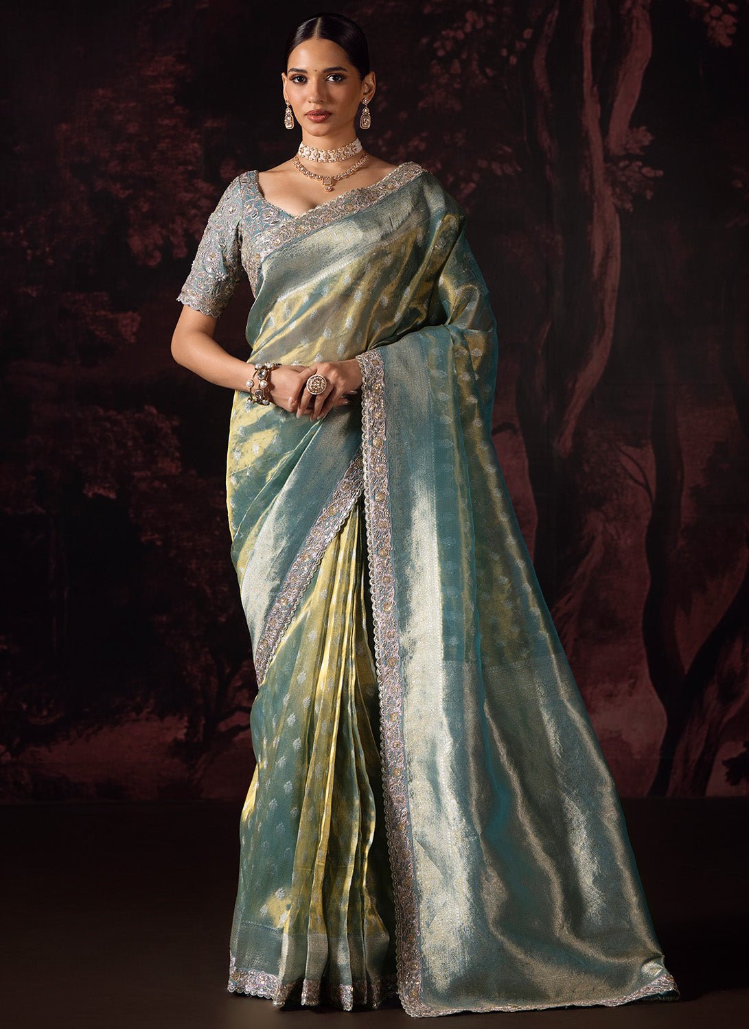 Light Green Embroidered Tissue Saree - Lashkaraa