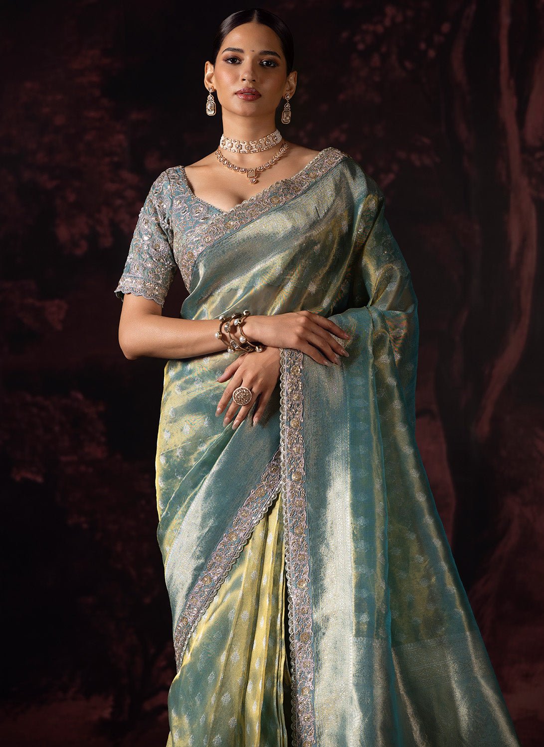 Light Green Embroidered Tissue Saree - Lashkaraa