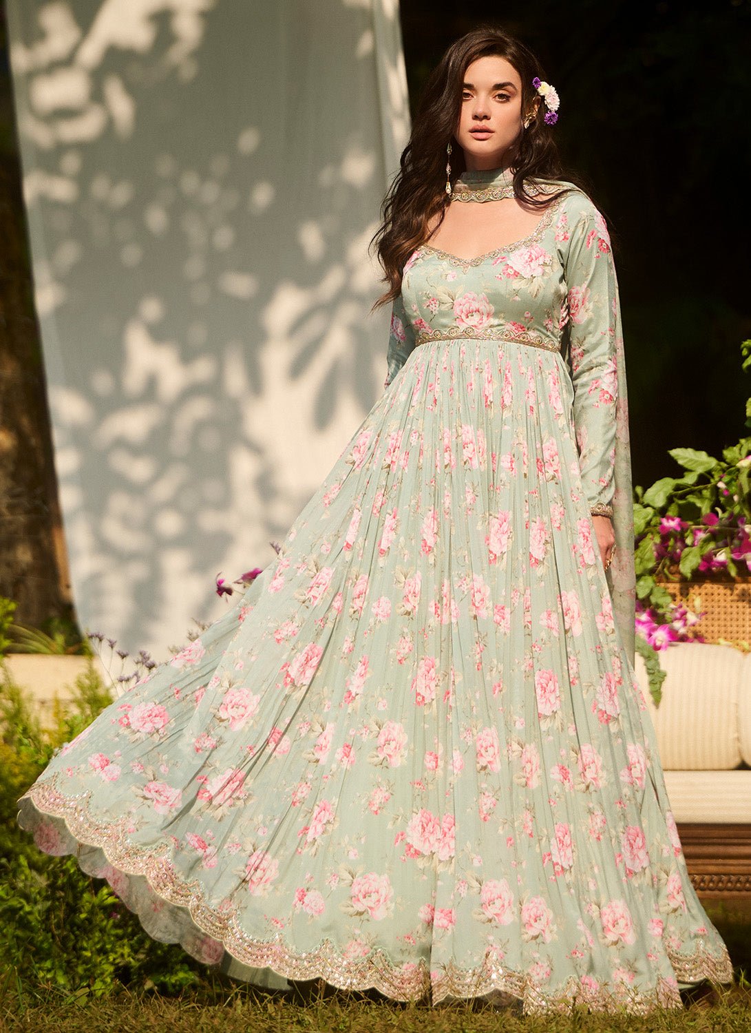 Light Green Multicolor Floral Printed Anarkali - Lashkaraa