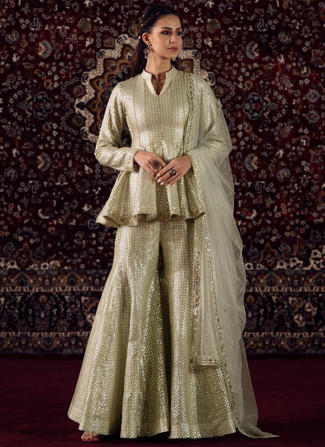 Light Grey Embroidered Viscose Tissue Sharara Suit - Lashkaraa