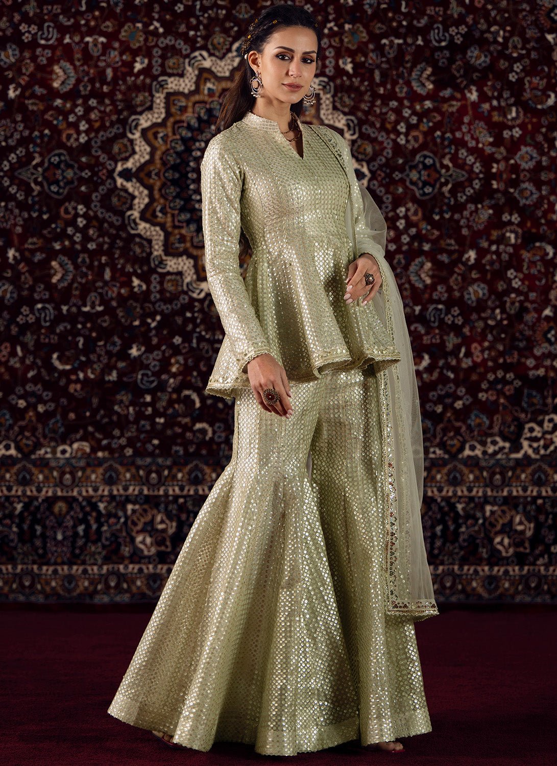 Light Grey Embroidered Viscose Tissue Sharara Suit - Lashkaraa