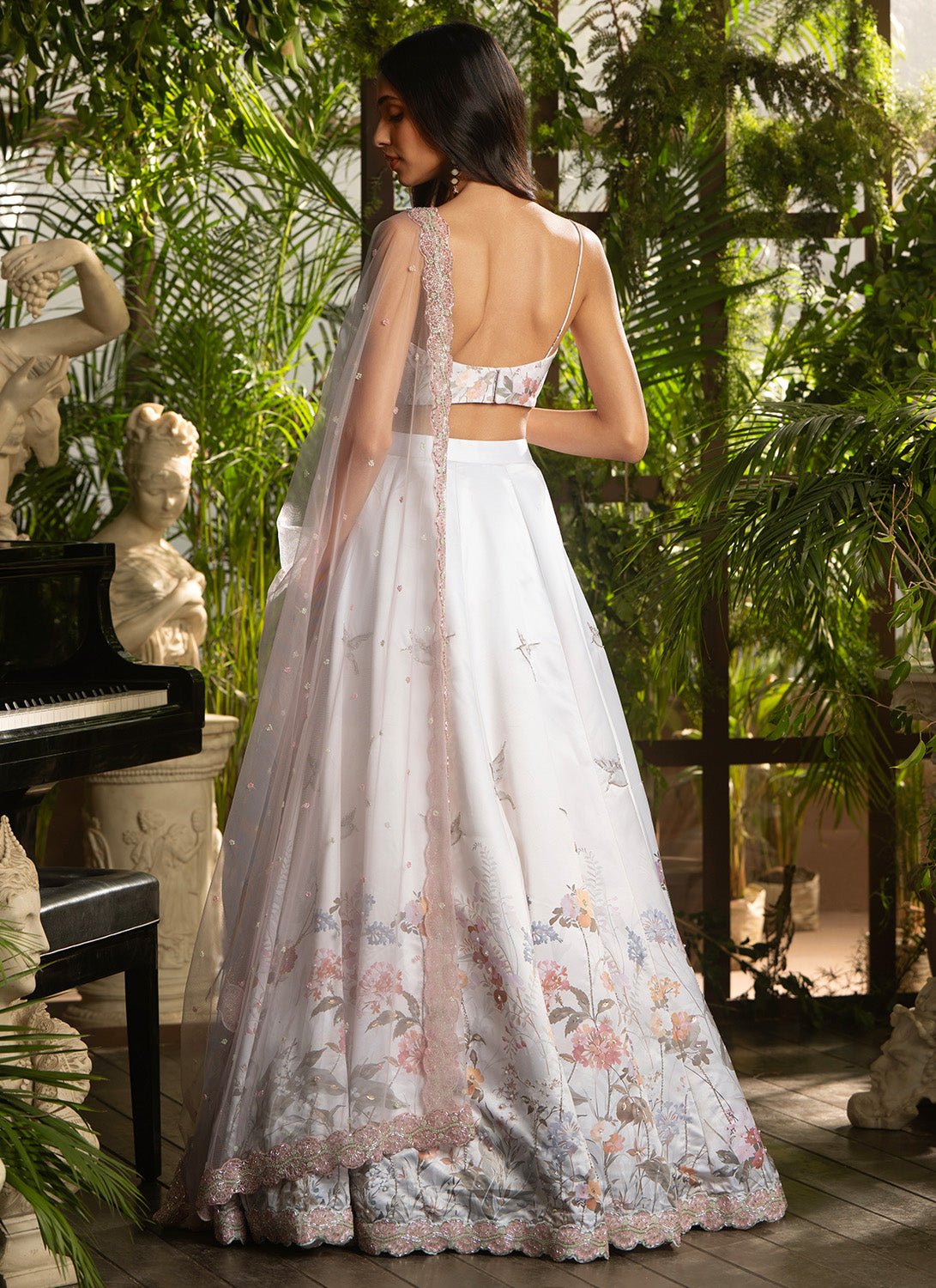 Light Grey Floral Embroidered Satin Lehenga - Lashkaraa