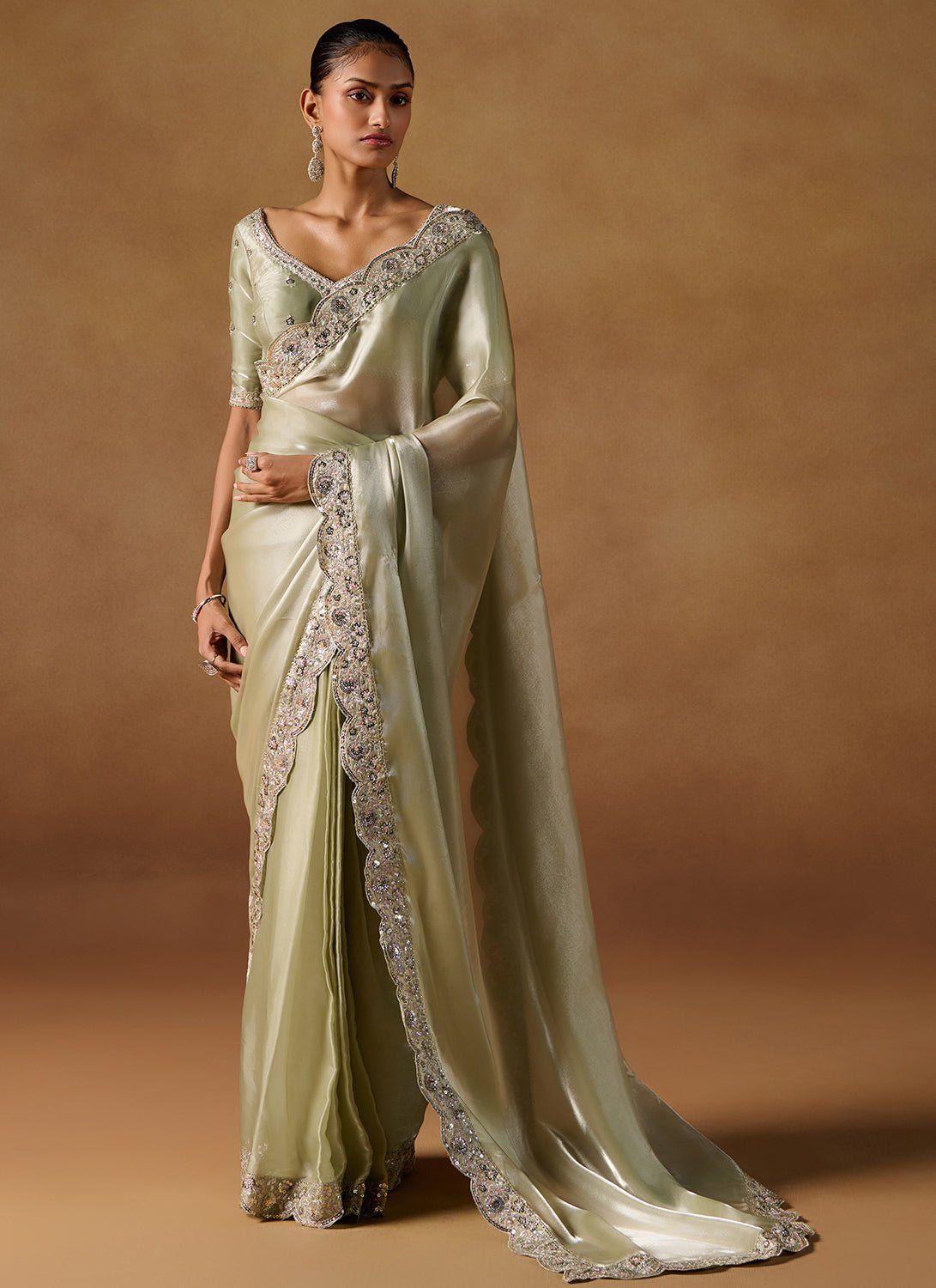 Light Olive Embroidered Tissue Saree - Lashkaraa