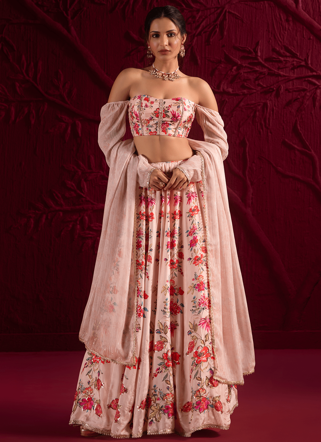 Light Peach Floral Embroidered Crepe Silk Lehenga - Lashkaraa