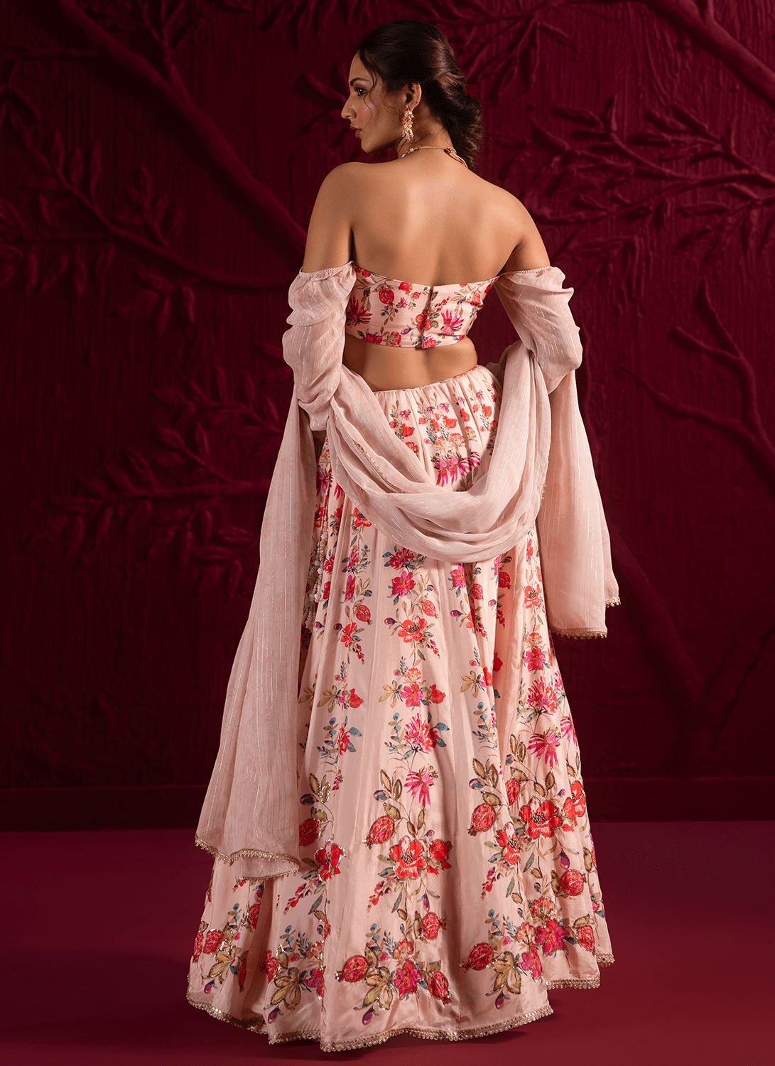 Light Peach Floral Embroidered Crepe Silk Lehenga - Lashkaraa