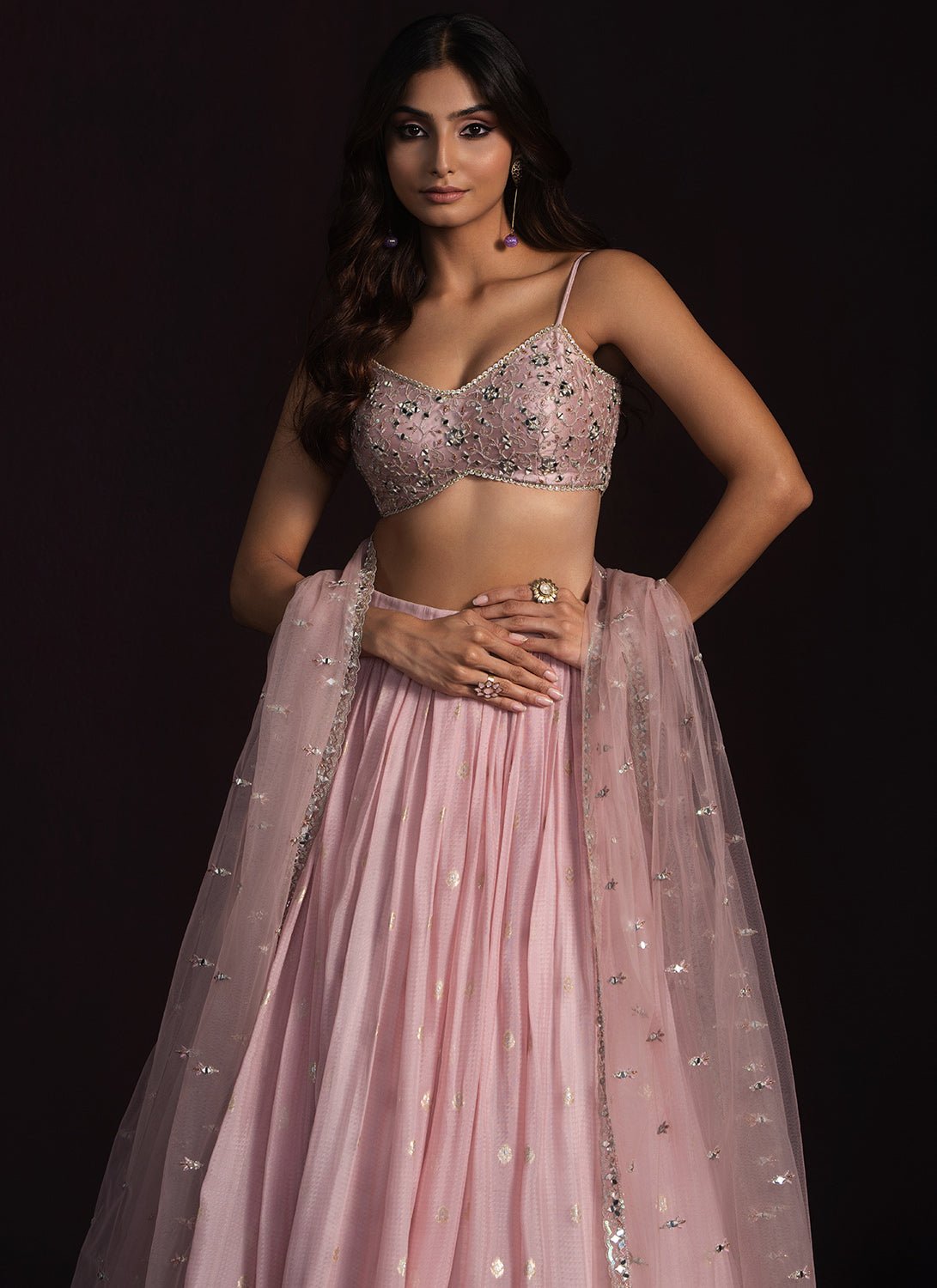Light Pink Embroidered Net Lehenga - Lashkaraa