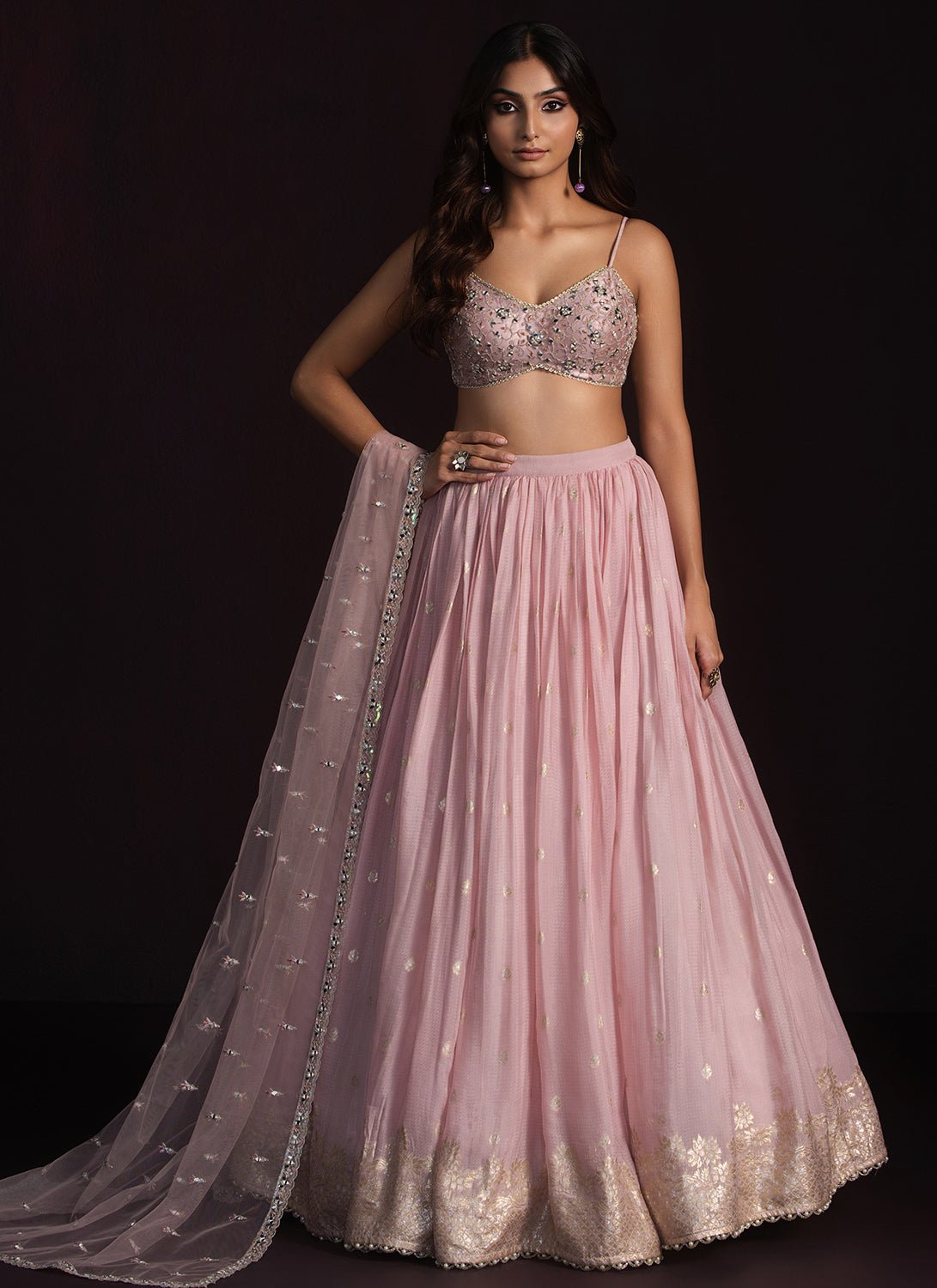 Light Pink Embroidered Net Lehenga - Lashkaraa