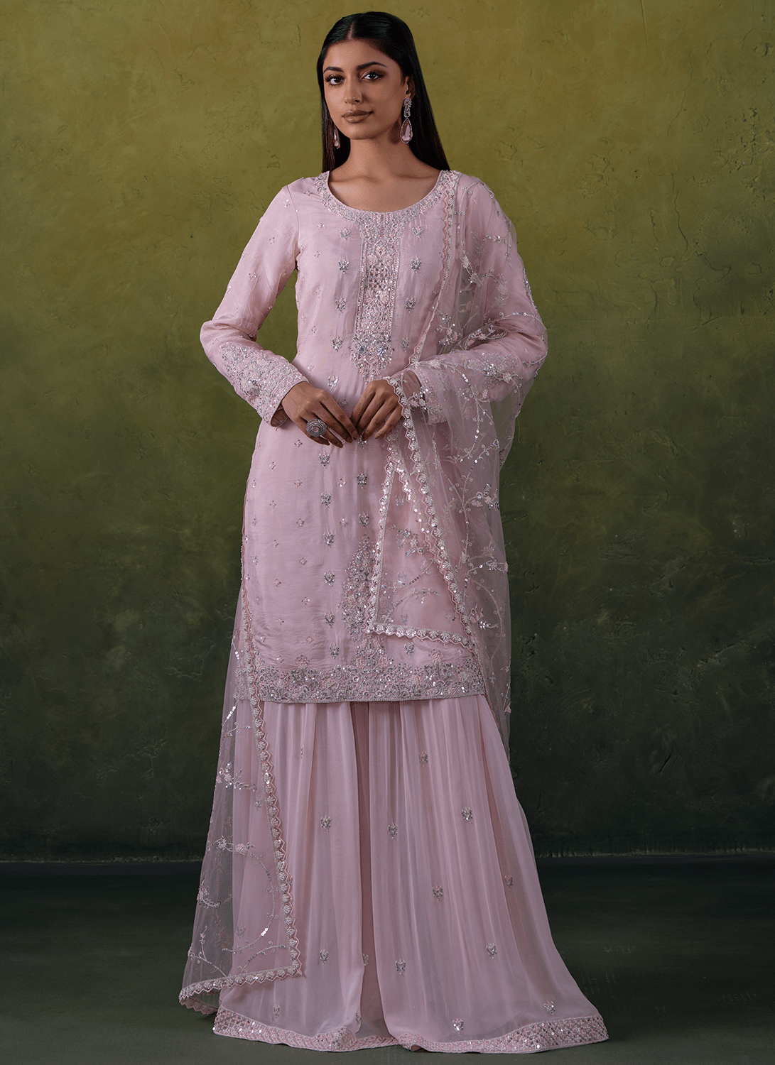Light Pink Embroidered Organza Sharara Suit - Lashkaraa