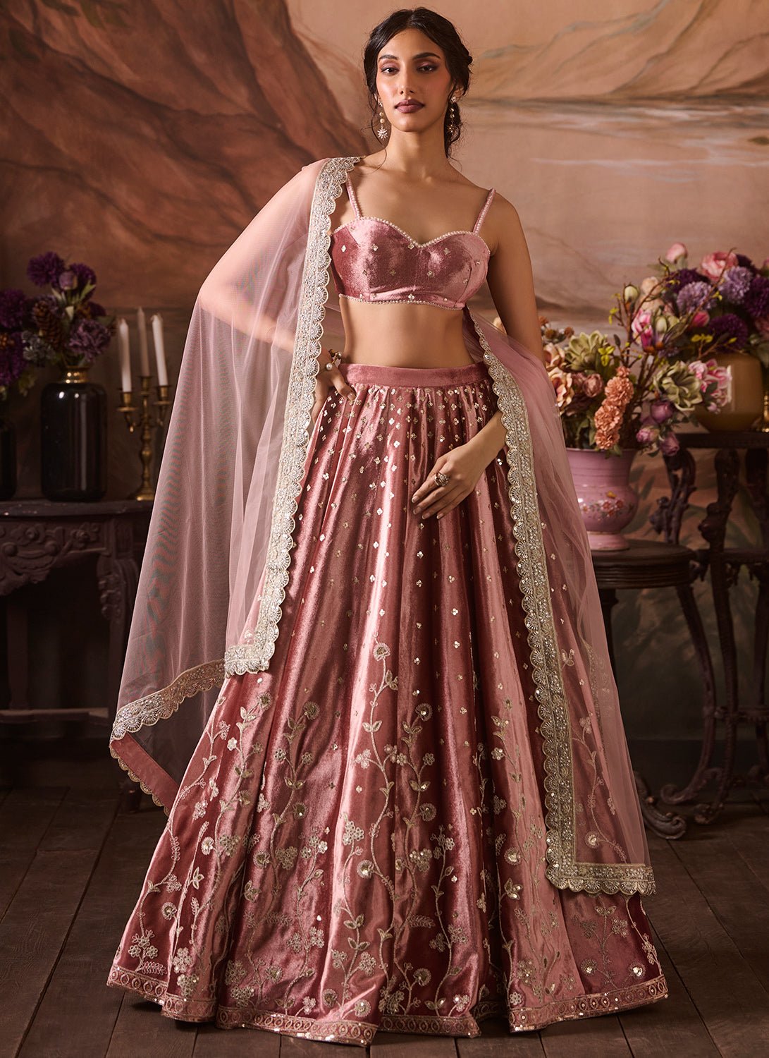 Light Pink Embroidered Velvet Lehenga - Lashkaraa