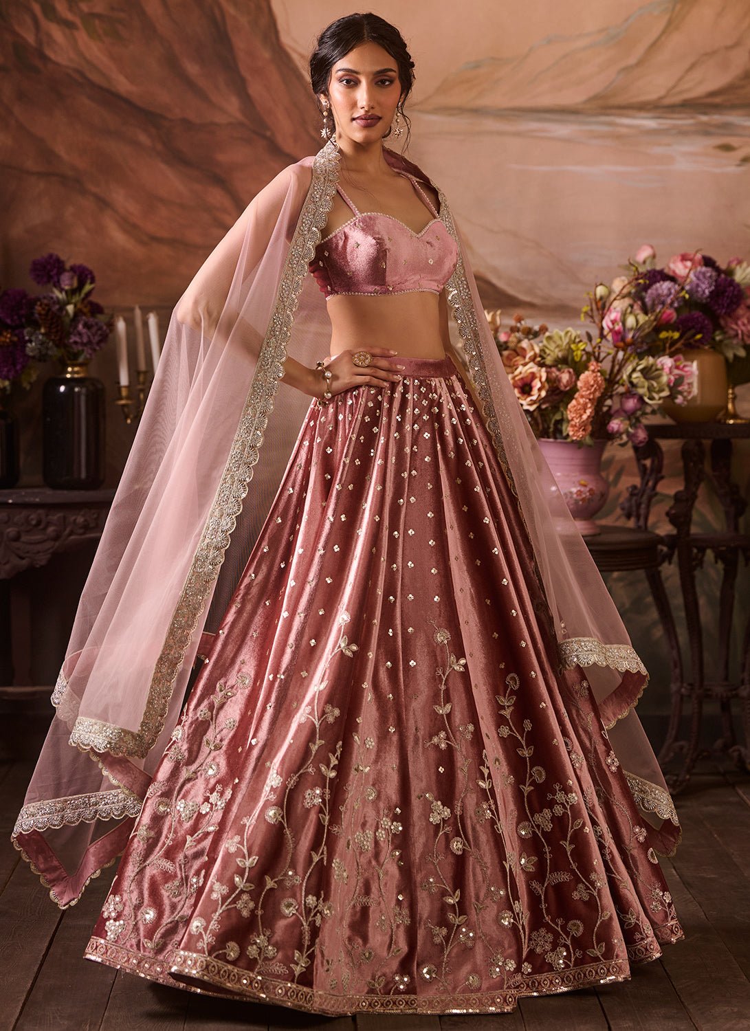 Light Pink Embroidered Velvet Lehenga - Lashkaraa