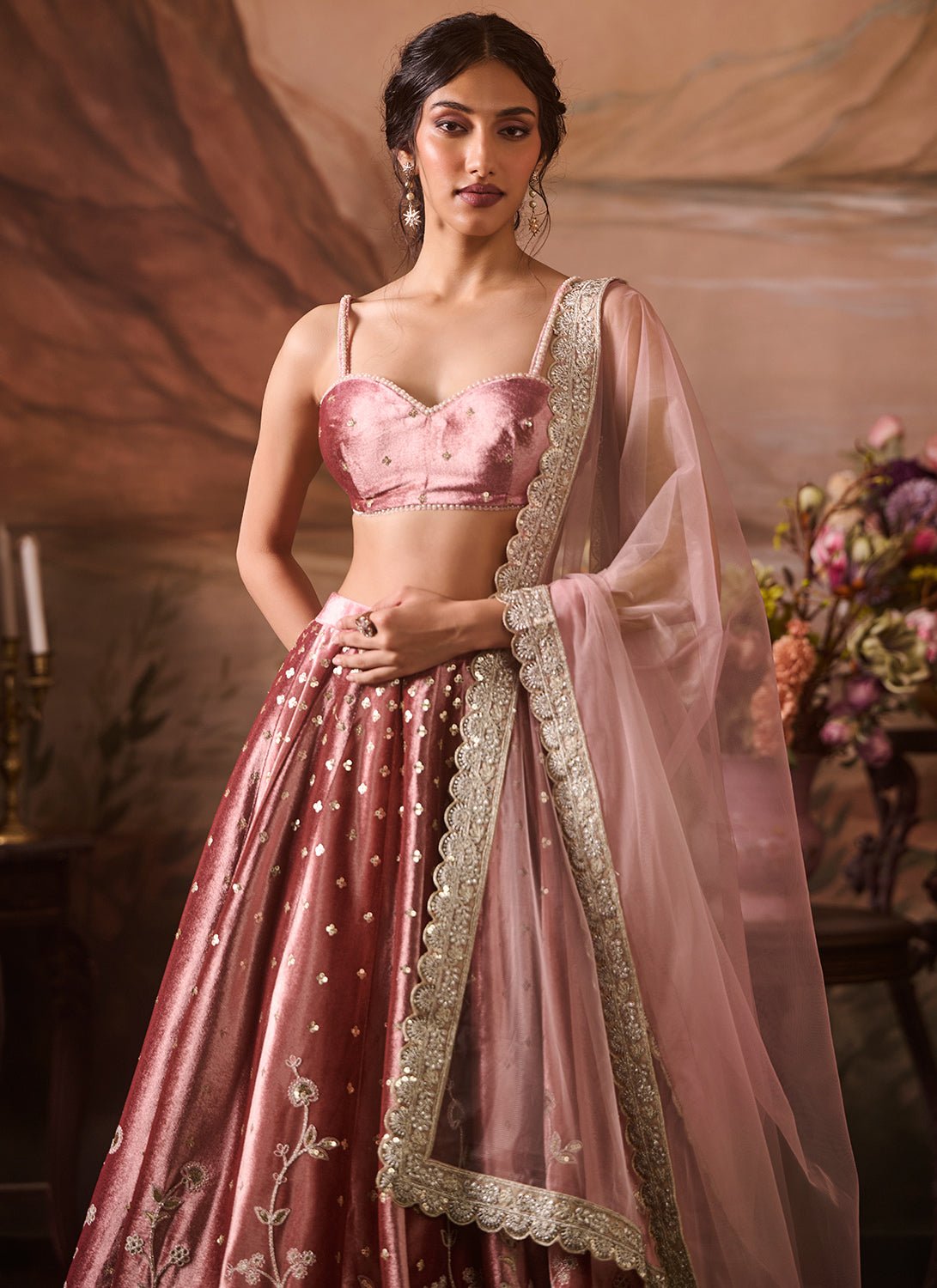 Light Pink Embroidered Velvet Lehenga - Lashkaraa