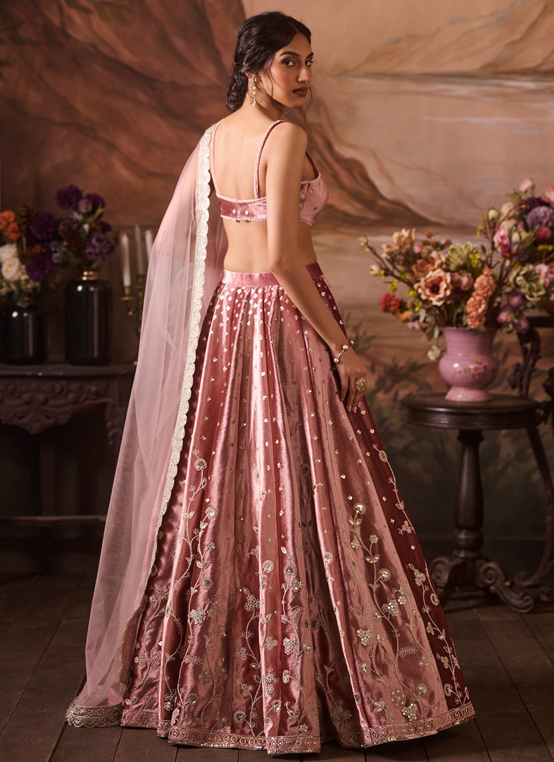 Light Pink Embroidered Velvet Lehenga - Lashkaraa