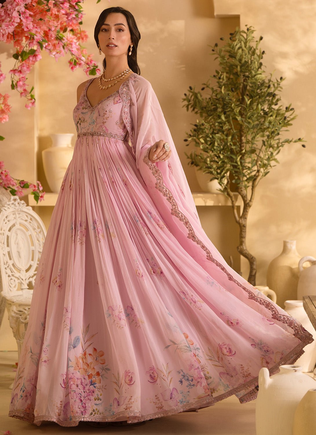 Light Pink Floral Embroidered Organza Anarkali - Lashkaraa