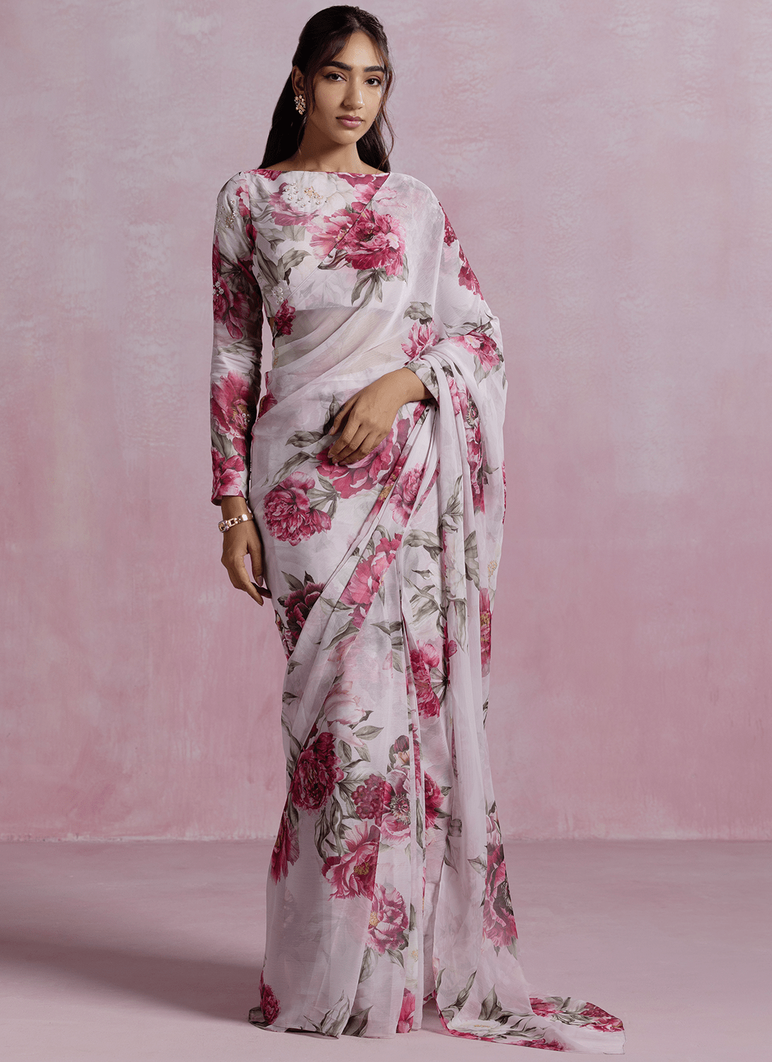 Light Pink Floral Printed Chiffon Saree - Lashkaraa
