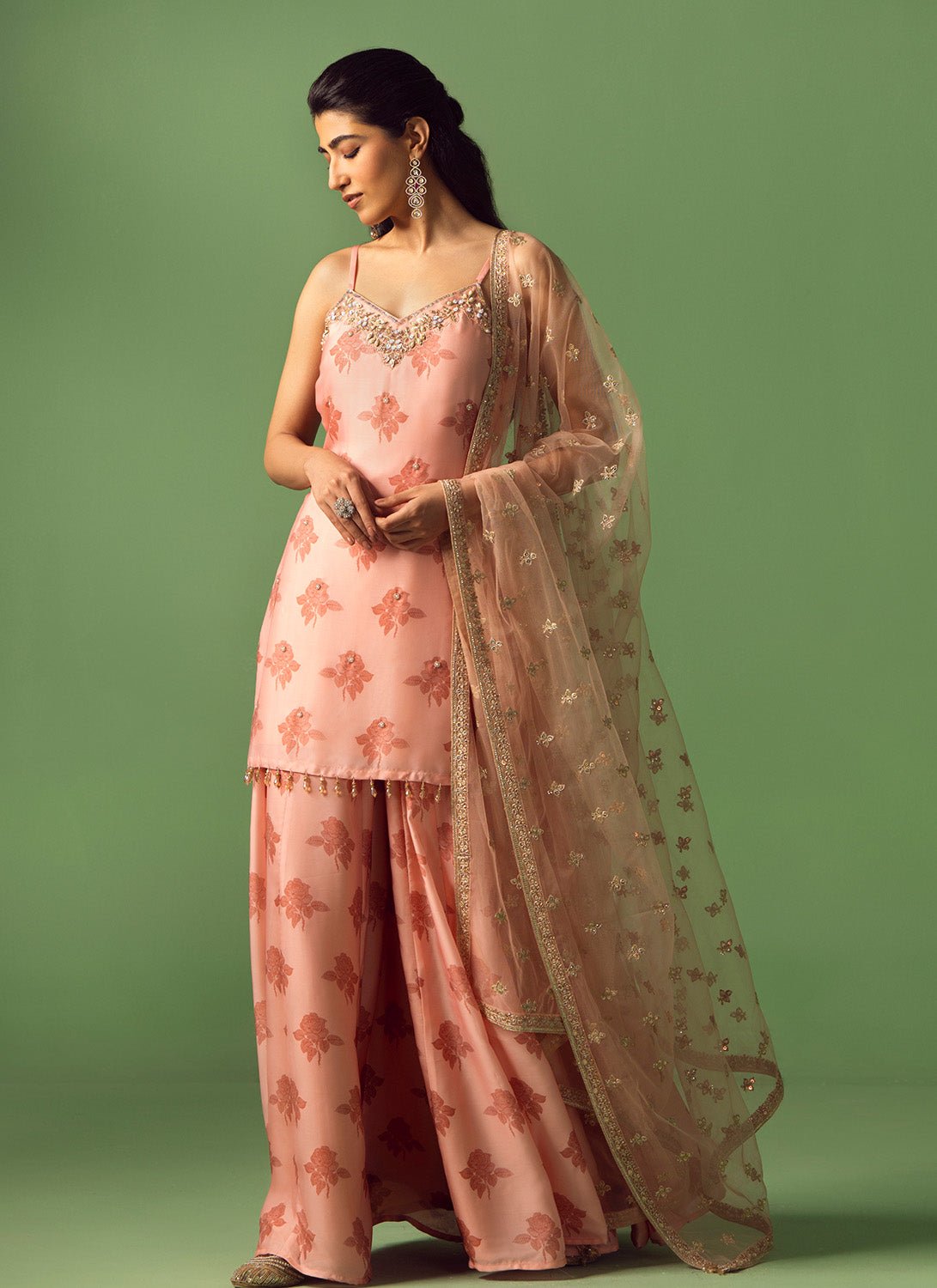 Light Pink Printed Satin Georgette Sharara - Lashkaraa