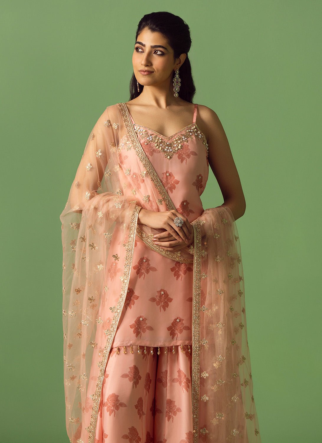 Light Pink Printed Satin Georgette Sharara - Lashkaraa