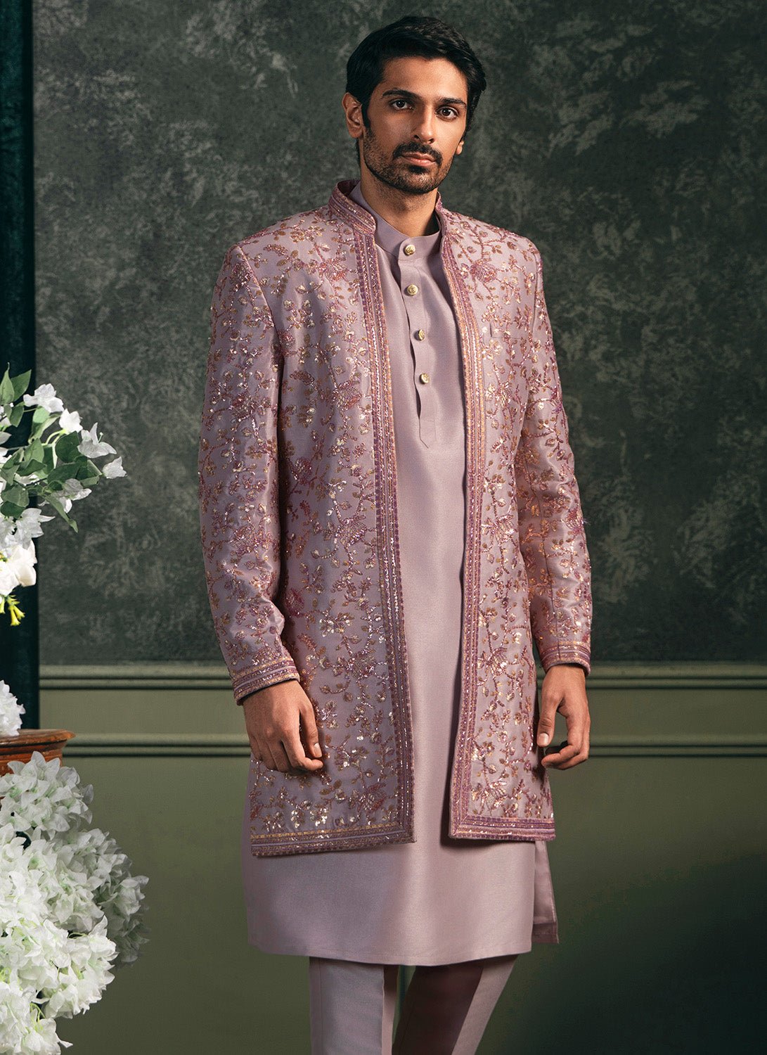 Light Purple Embroidered Silk Sherwani Set - Lashkaraa