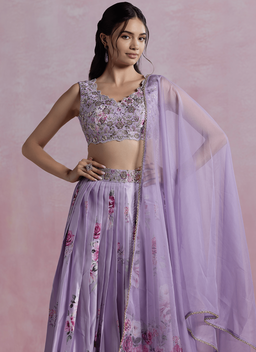 Light Purple Floral Printed Modal Satin Lehenga - Lashkaraa
