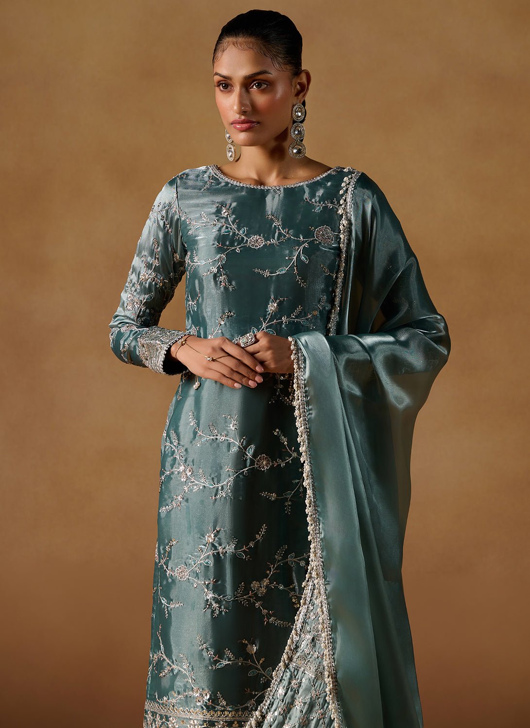 Light Teal Embroidered Tissue Straight Suit - Lashkaraa