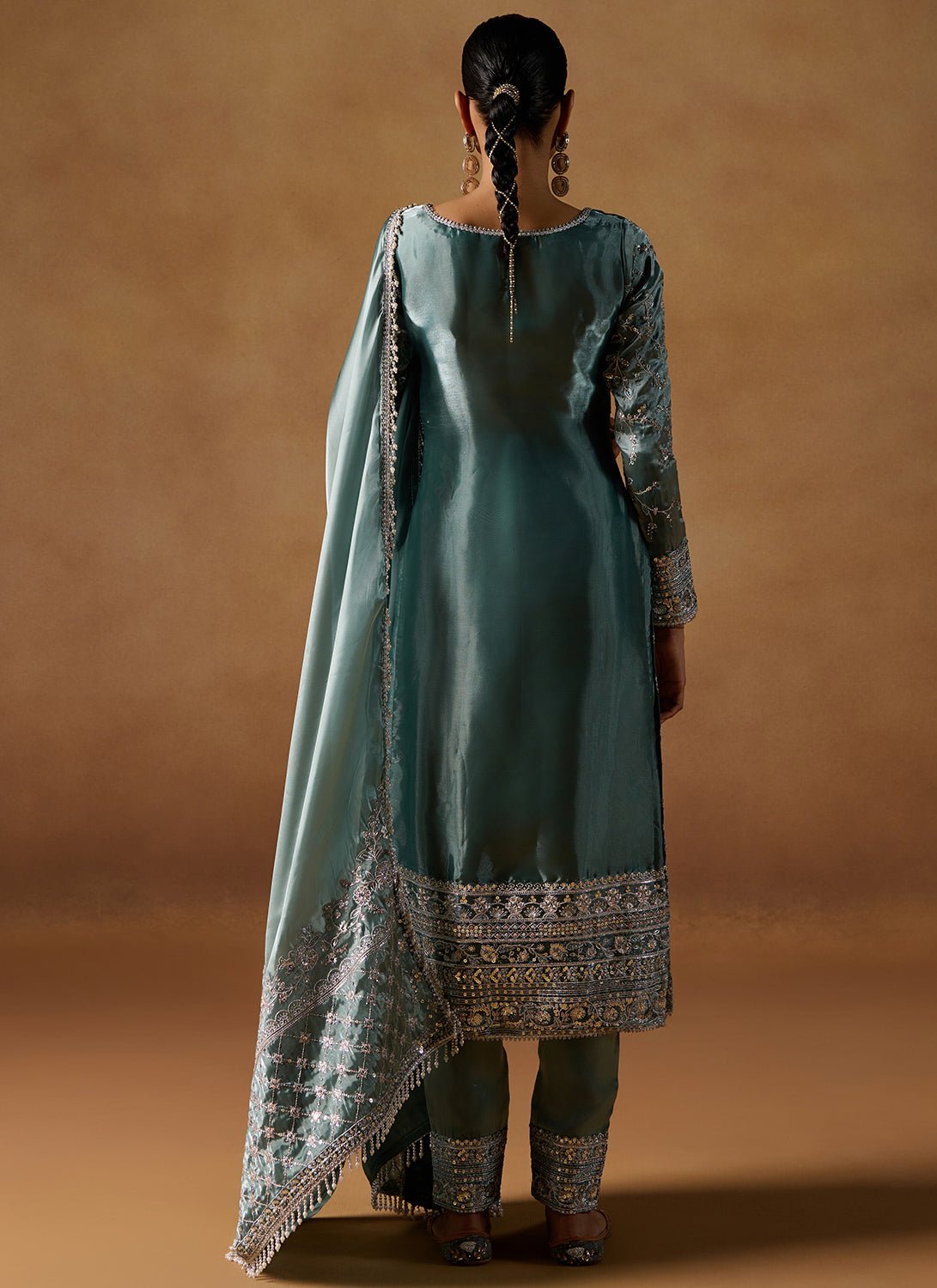 Light Teal Embroidered Tissue Straight Suit - Lashkaraa