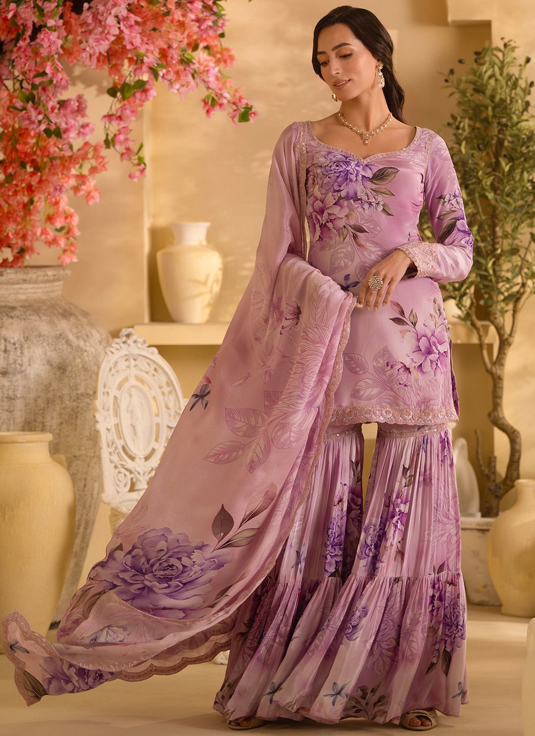 Lilac Floral Embroidered Crepe Silk Gharara Suit - Lashkaraa