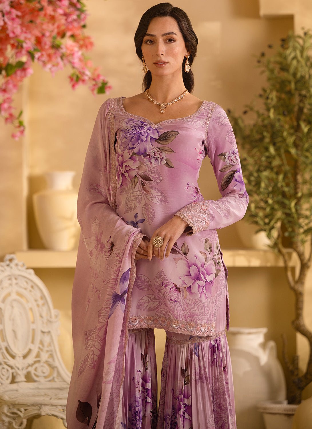Lilac Floral Embroidered Crepe Silk Gharara Suit - Lashkaraa