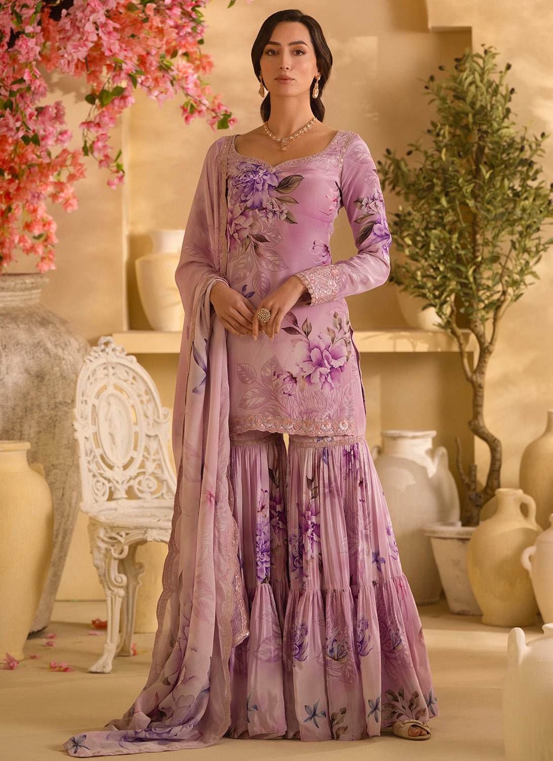 Lilac Floral Embroidered Crepe Silk Gharara Suit - Lashkaraa