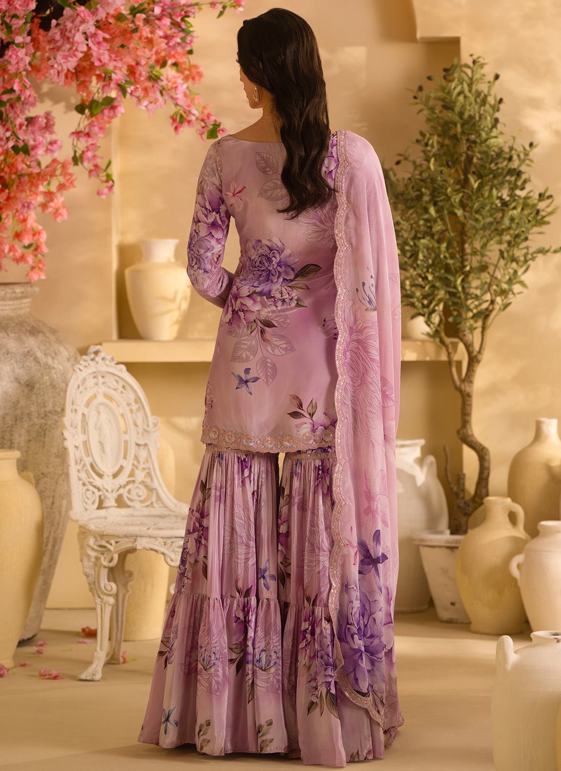 Lilac Floral Embroidered Crepe Silk Gharara Suit - Lashkaraa