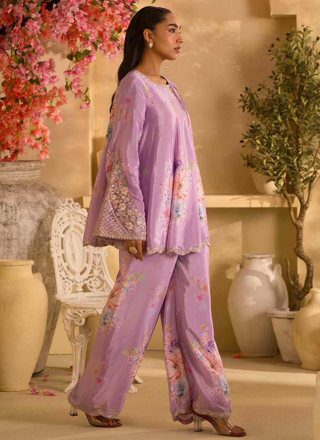 Lilac Floral Embroidered Crepe Silk Set - Lashkaraa