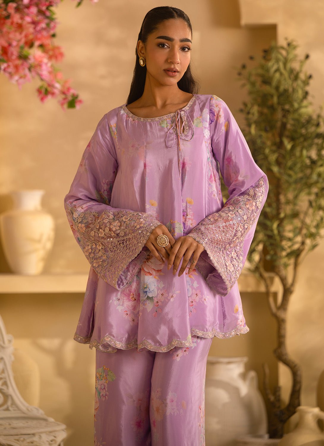 Lilac Floral Embroidered Crepe Silk Set - Lashkaraa