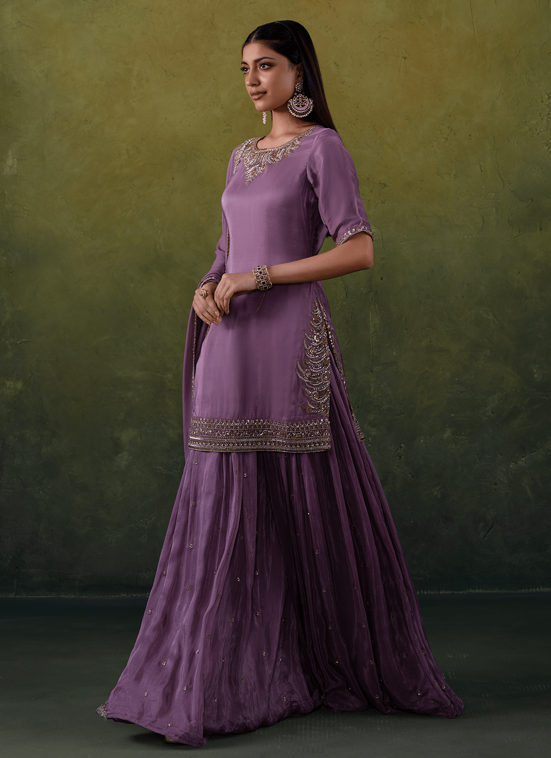 Lilac Purple Embroidered Silk Sharara Suit - Lashkaraa