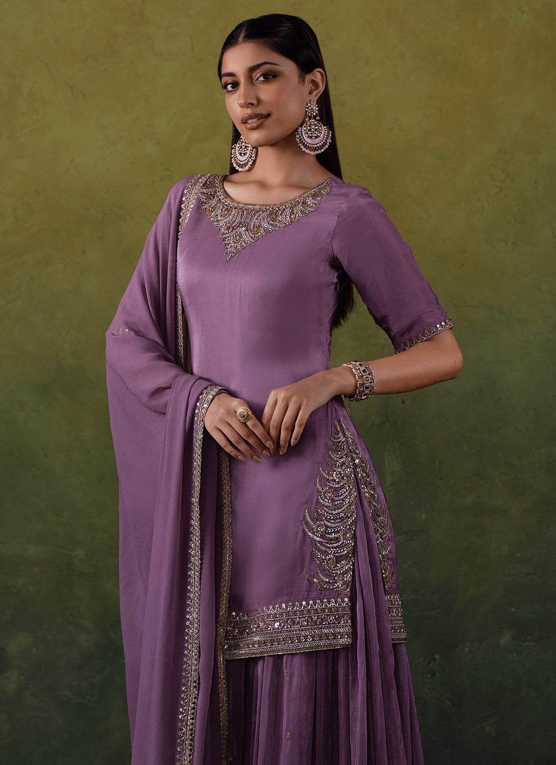 Lilac Purple Embroidered Silk Sharara Suit - Lashkaraa