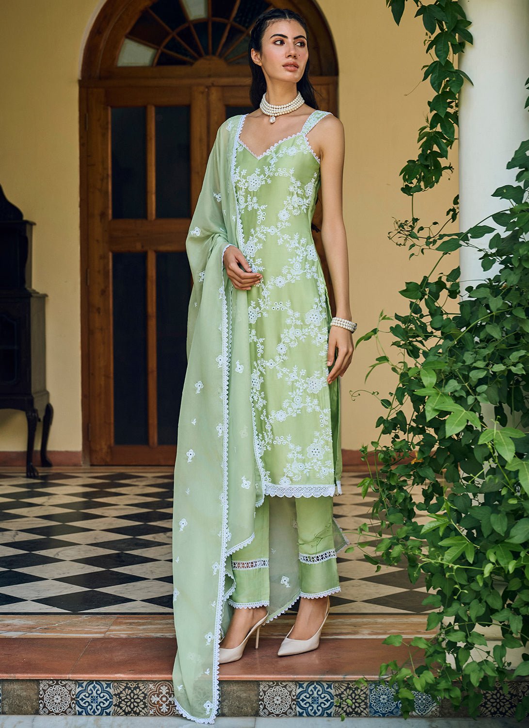 Lime Green Embroidered Cotton Straight Suit - Lashkaraa