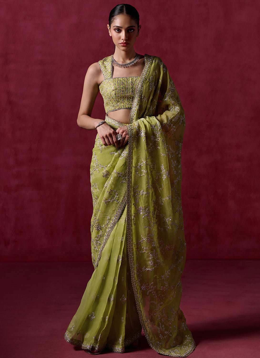 Lime Green Embroidered Net Saree - Lashkaraa
