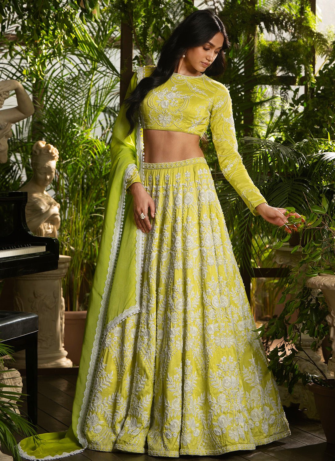 Lime Green Embroidered Pure Silk Lehenga - Lashkaraa