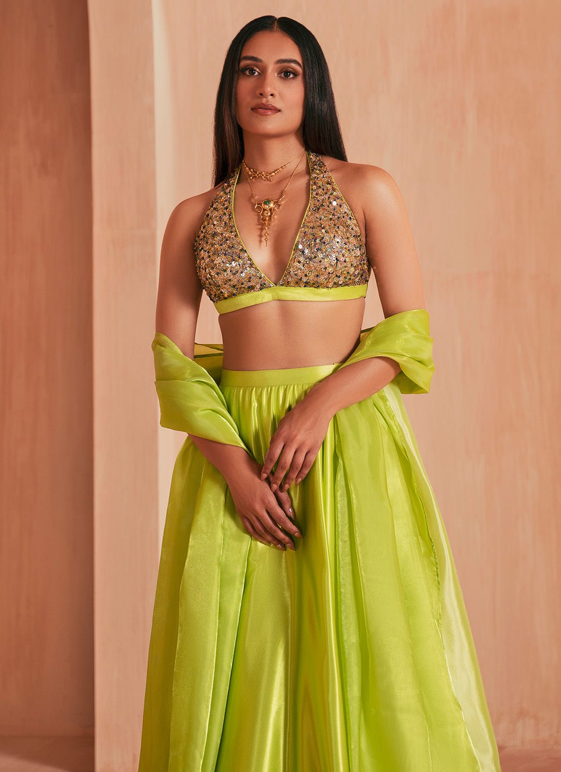 Lime Green Embroidered Satin Lehenga - Lashkaraa