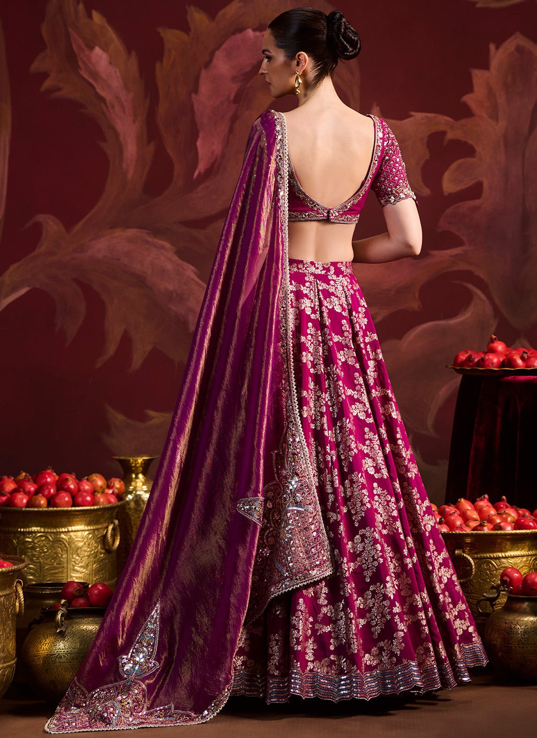 Magenta Embroidered Brocade Lehenga - Lashkaraa