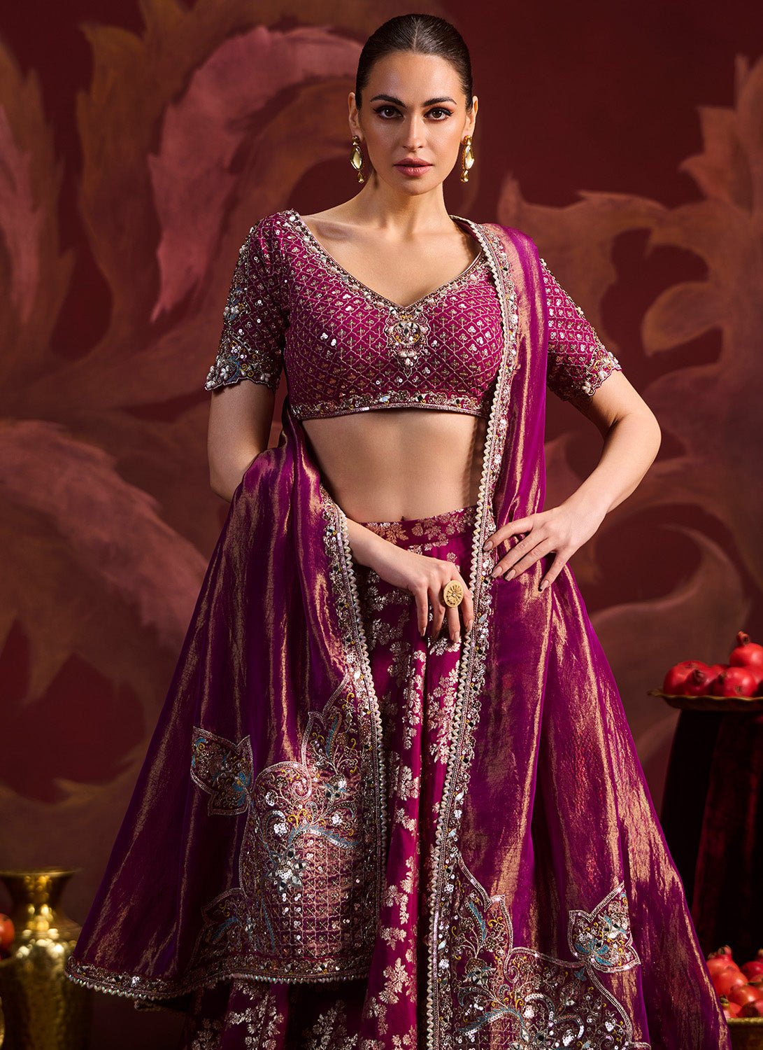 Magenta Embroidered Brocade Lehenga - Lashkaraa