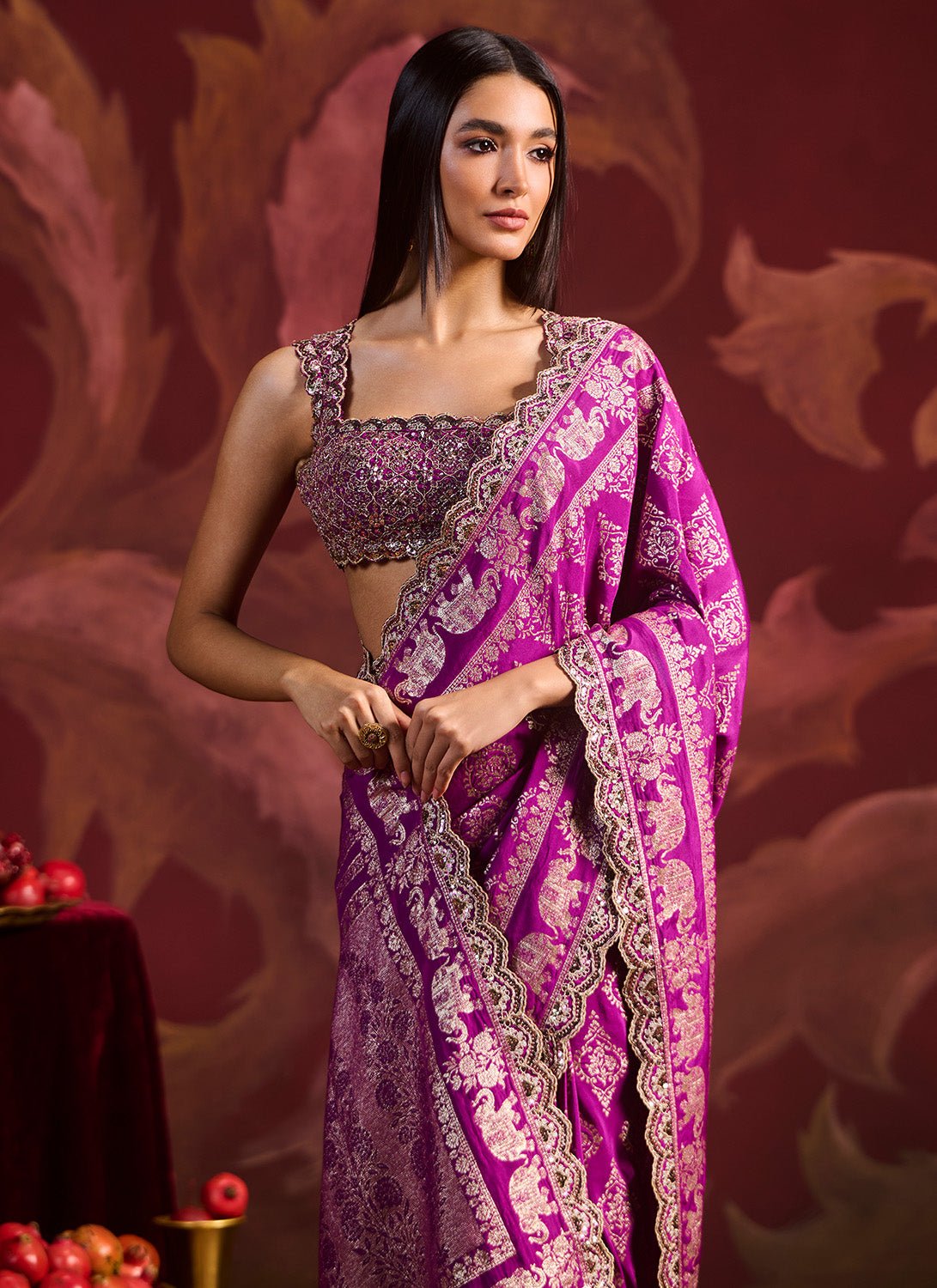 Magenta Embroidered Brocade Saree - Lashkaraa