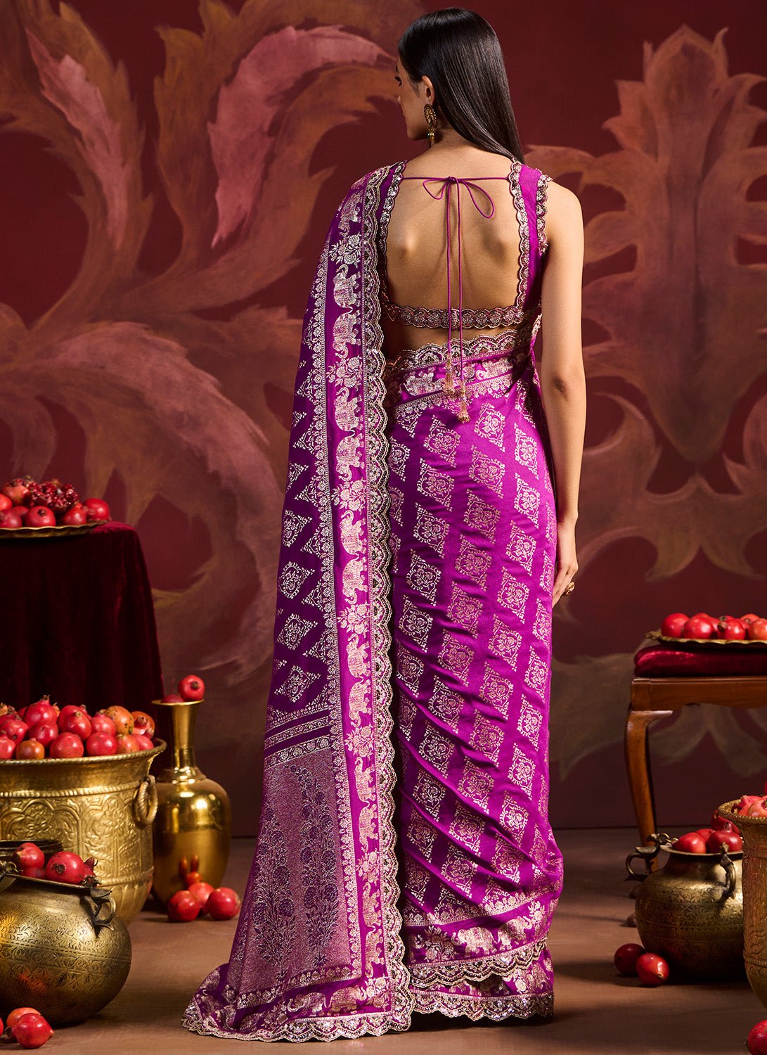 Magenta Embroidered Brocade Saree - Lashkaraa