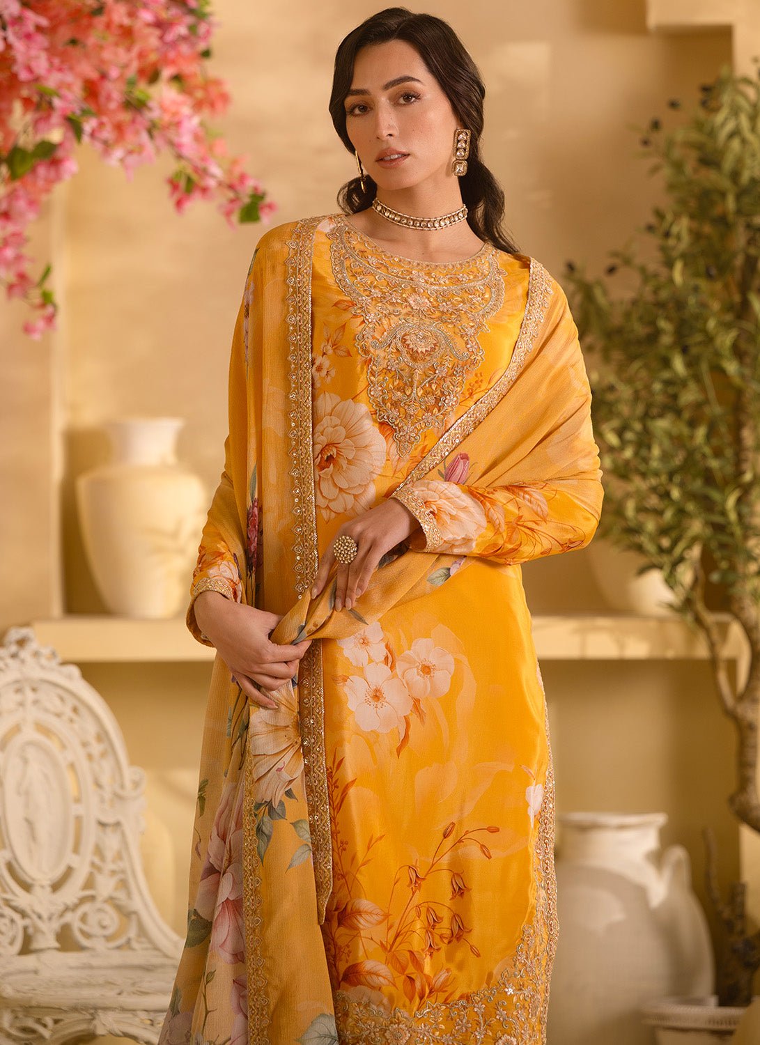 Marigold Yellow Floral Embroidered Crepe Silk Pant Suit - Lashkaraa