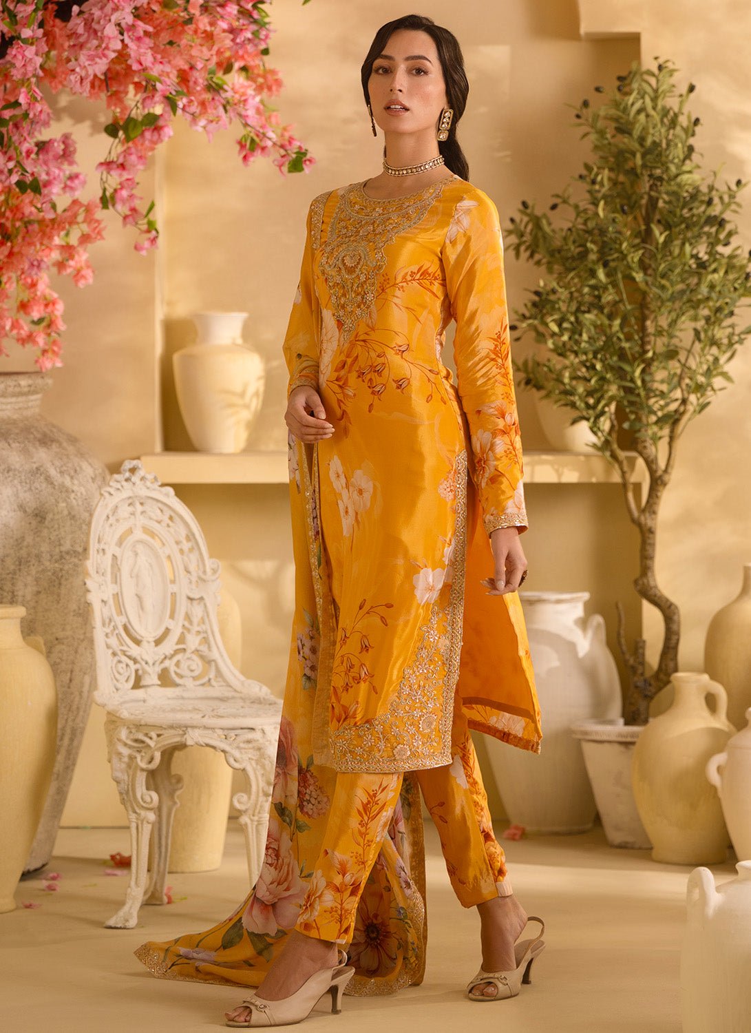 Marigold Yellow Floral Embroidered Crepe Silk Pant Suit - Lashkaraa
