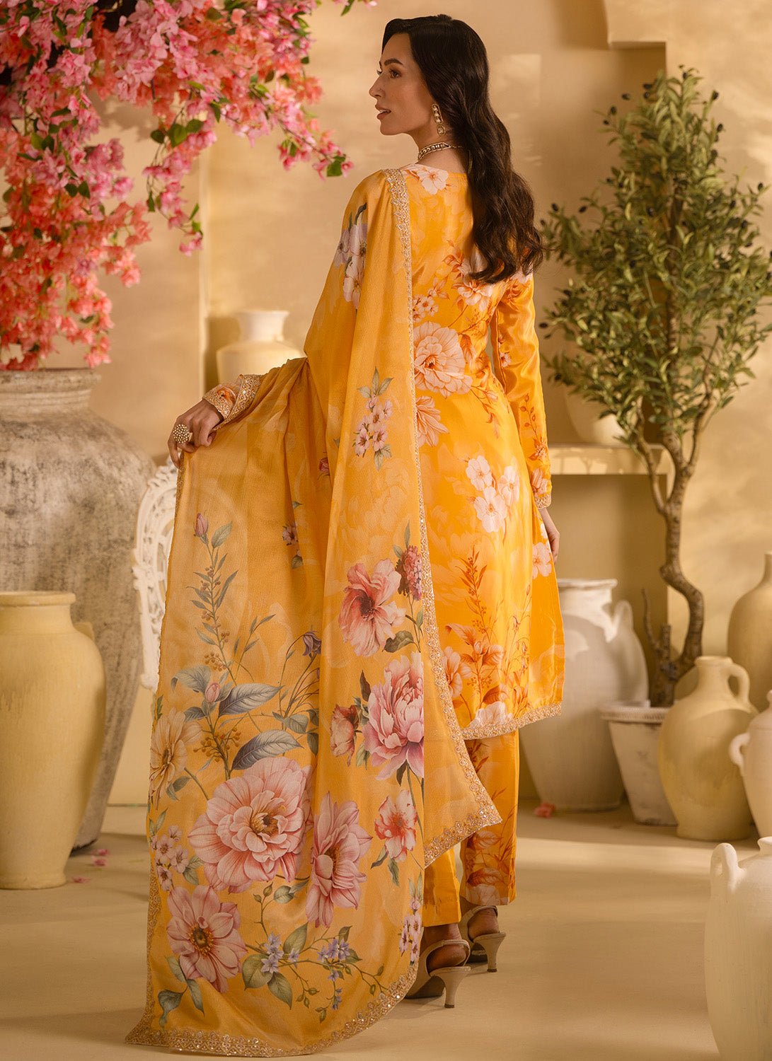 Marigold Yellow Floral Embroidered Crepe Silk Pant Suit - Lashkaraa